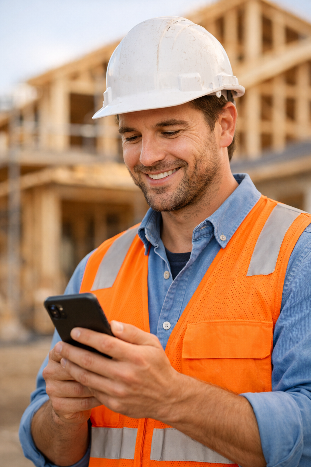Handwerker mit Smartphone auf der Baustelle
